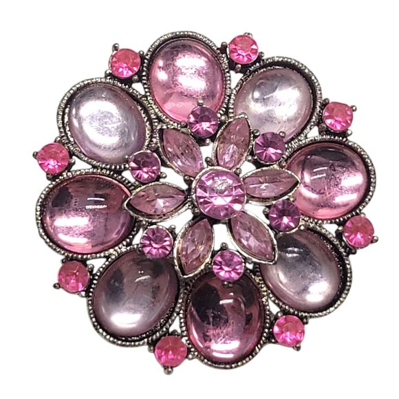 Vintage Floral Pink Rhinestone Brooch Pin With Silver-Tone Metal Backing - Picture 1 of 10